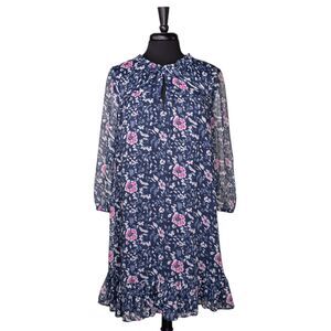 Vineyard Vines Women's Dress Blue Floral Keyhole Neck Ruffle Lightweight Shift S
